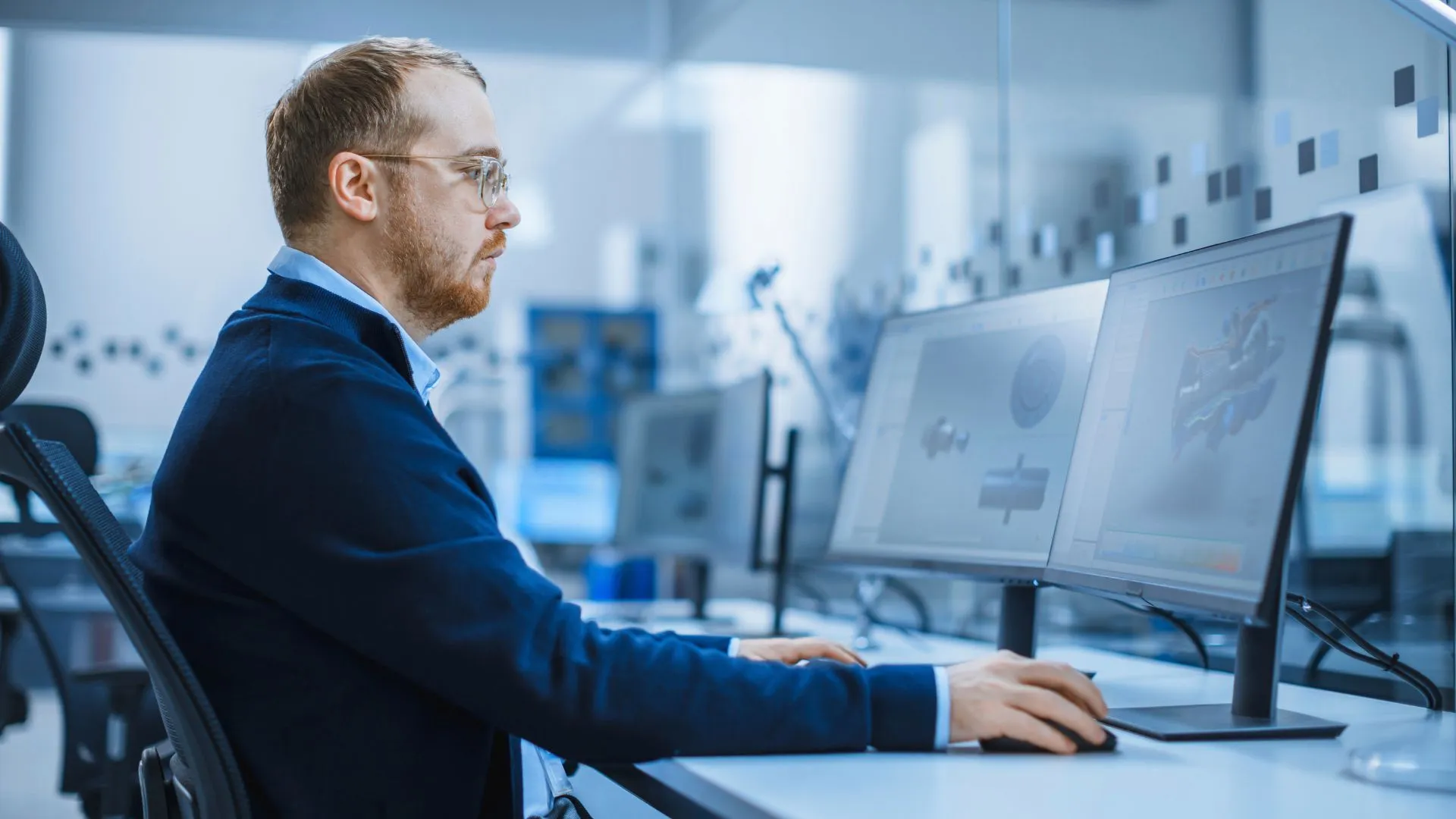 Ingenieur arbeitet am 3D-CAD-Modell auf einem Monitor im Entwicklungsbereich